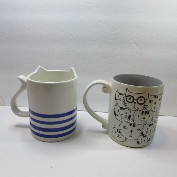 set of 2 kitty mugs Parker Lane stripe cat and embossed cat face cup lot - Picture 5 of 8